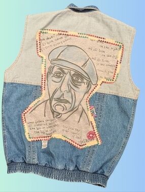 Handmade, Upcycled Leonard Cohen Denim Jacket/Vest Size L